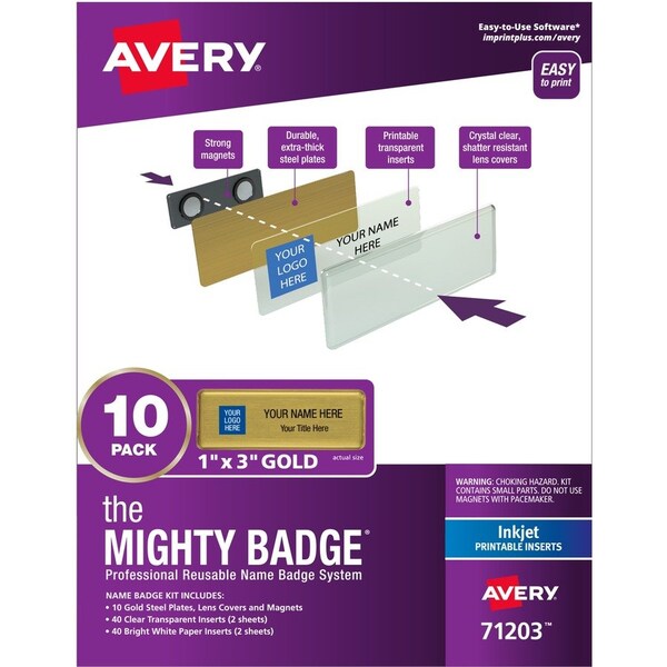 The Mighty Badge Badge Kit, Magnetic, Inkjet, Reusable, 1"x3", 10/PK, Gold 5PK AVE71203 - main